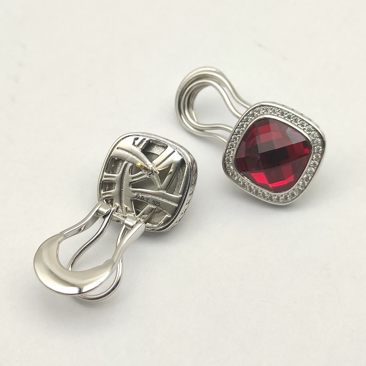 David Yurman Sterling Silver Albion Earrings with Red Diamonds